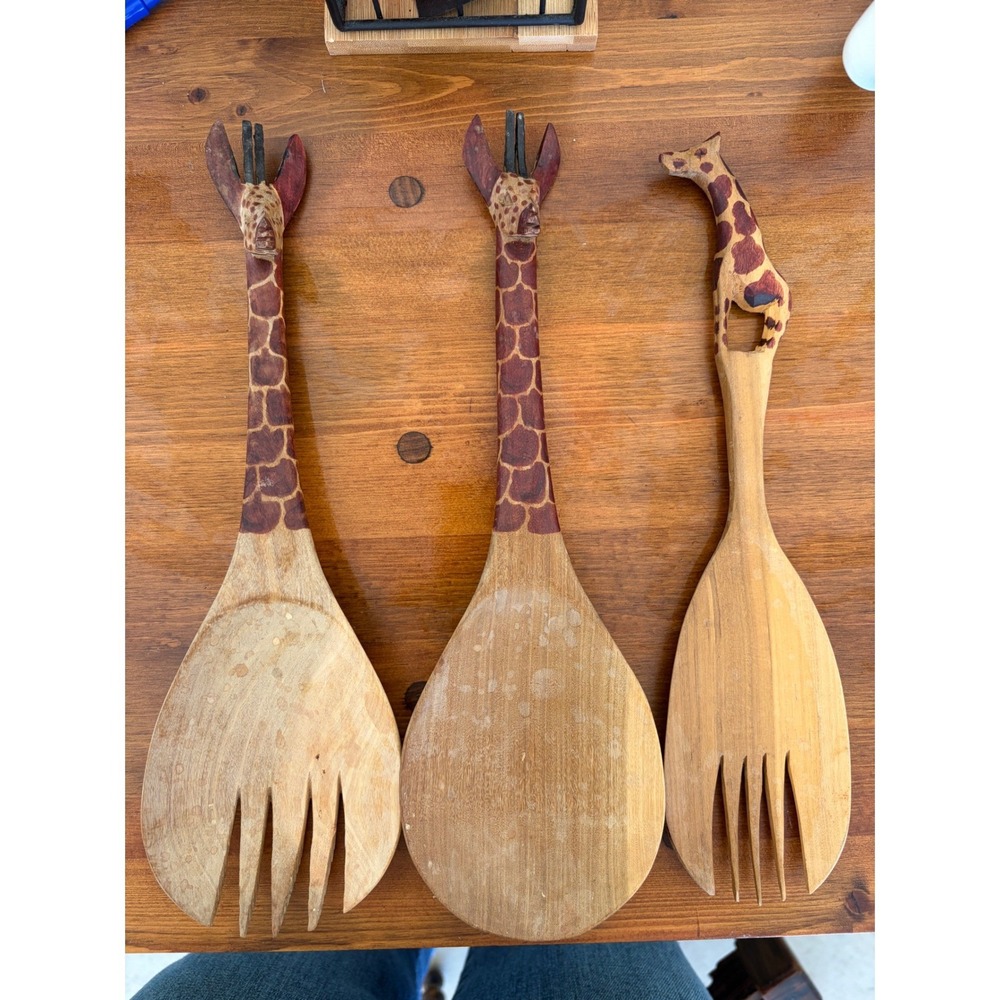 Hand Carved Wooden Giraffe Salad Server Set 3 Piece African Safari Folk Art 12in